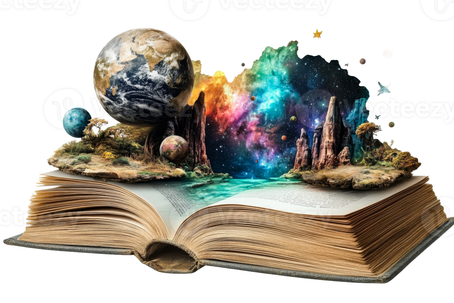 Creative book representing a journey through space and time png