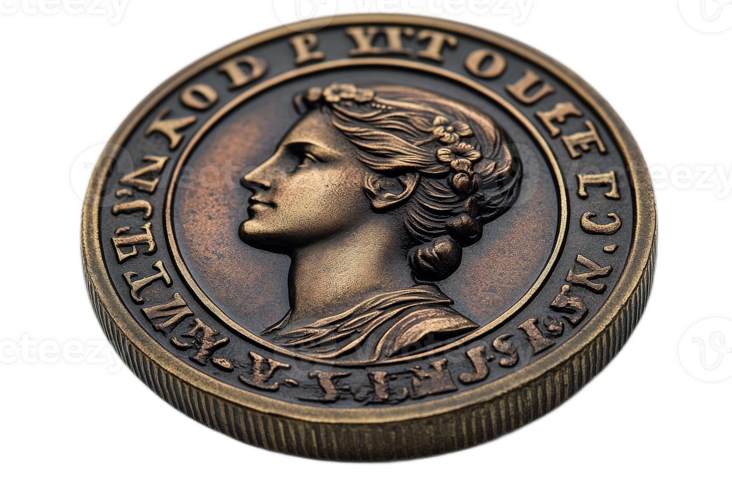 Detailed view of a vintage bronze coin with portrait png