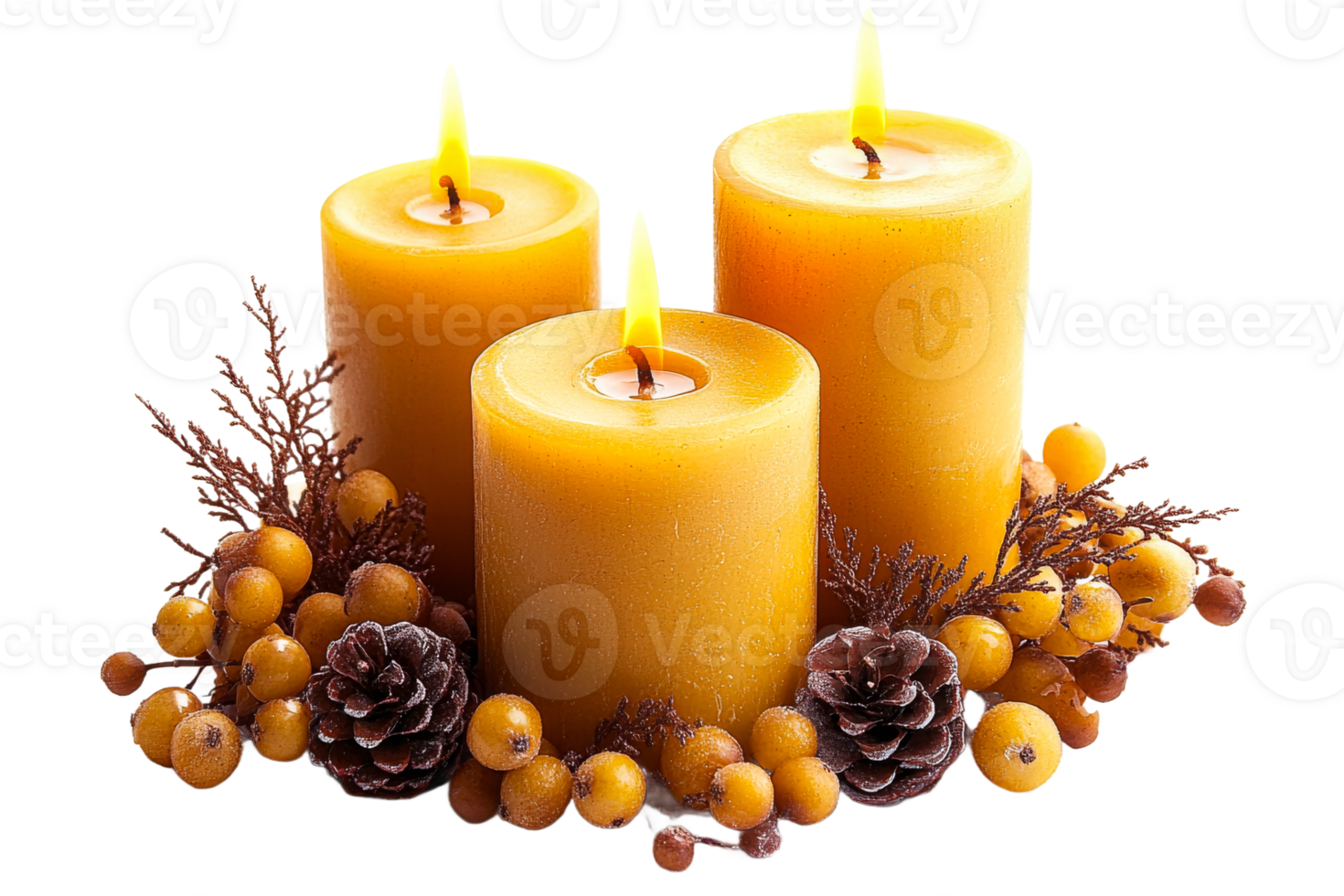 Decorative candles with autumn accents on a table png