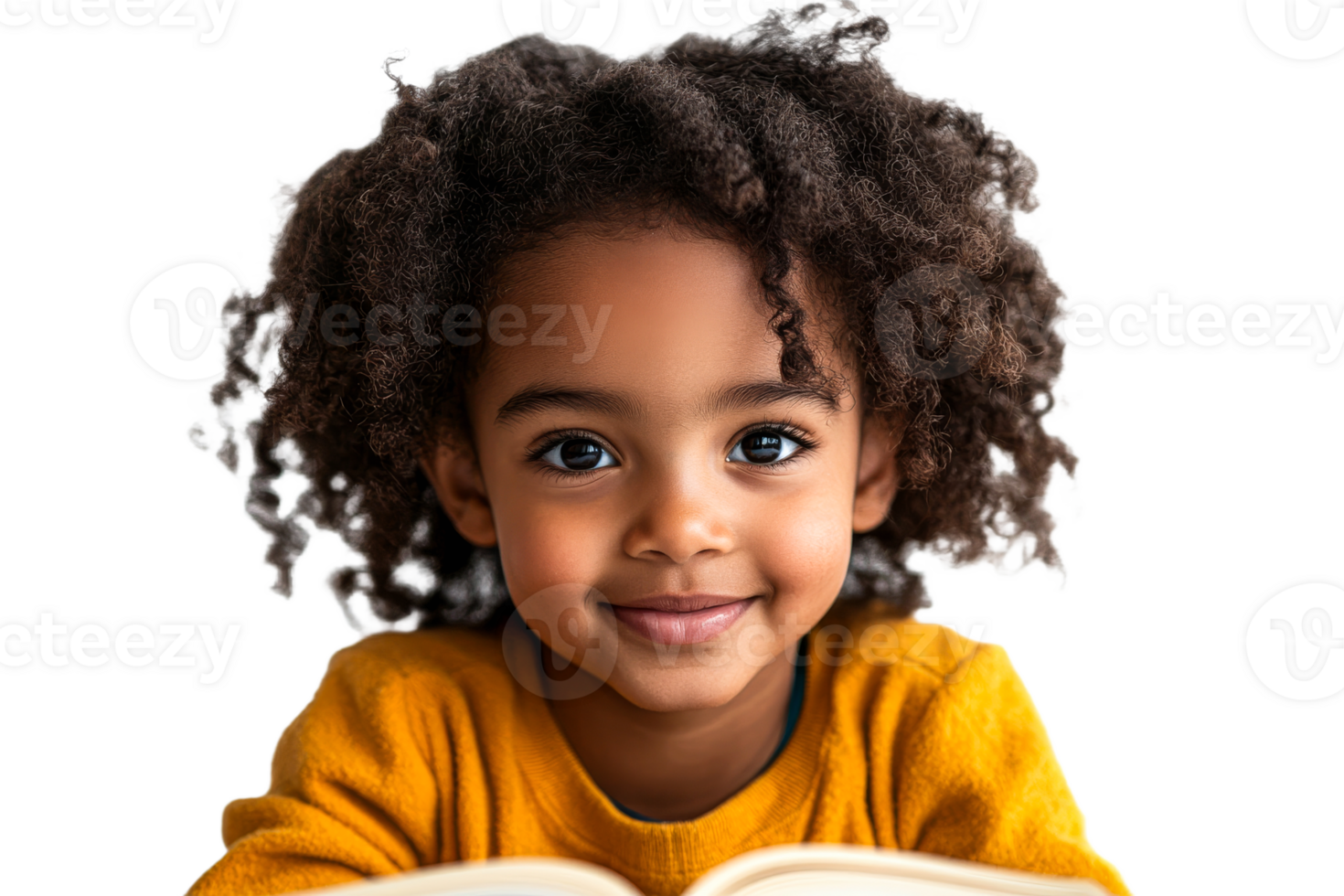 Smiling child with curly hair holding a book png