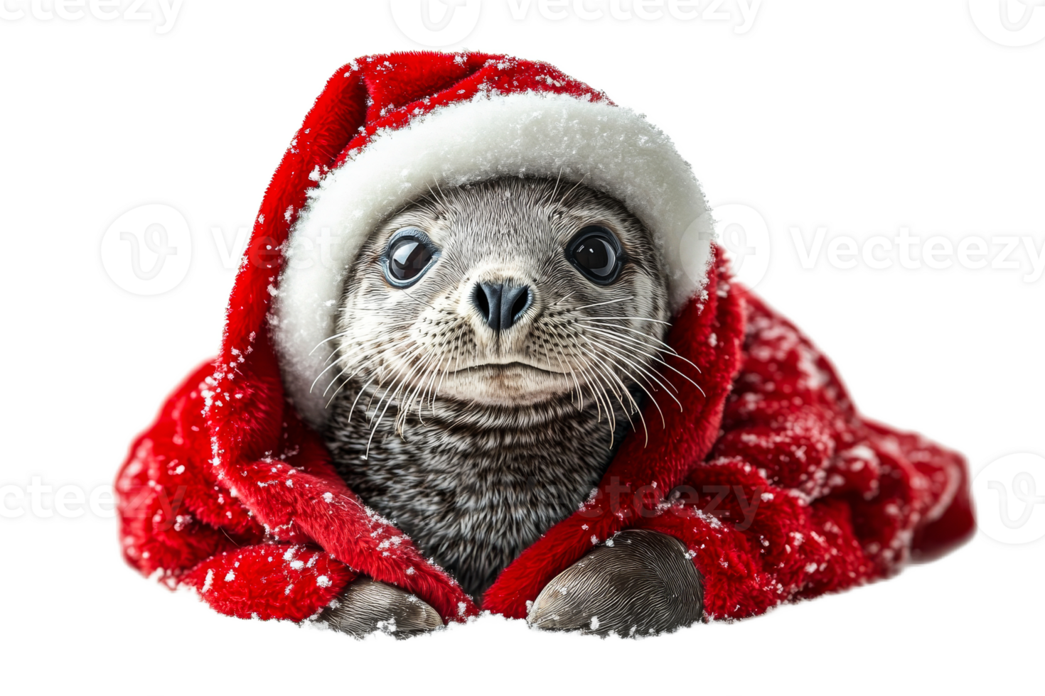 Cute seal wearing Santa hat and red blanket in winter png