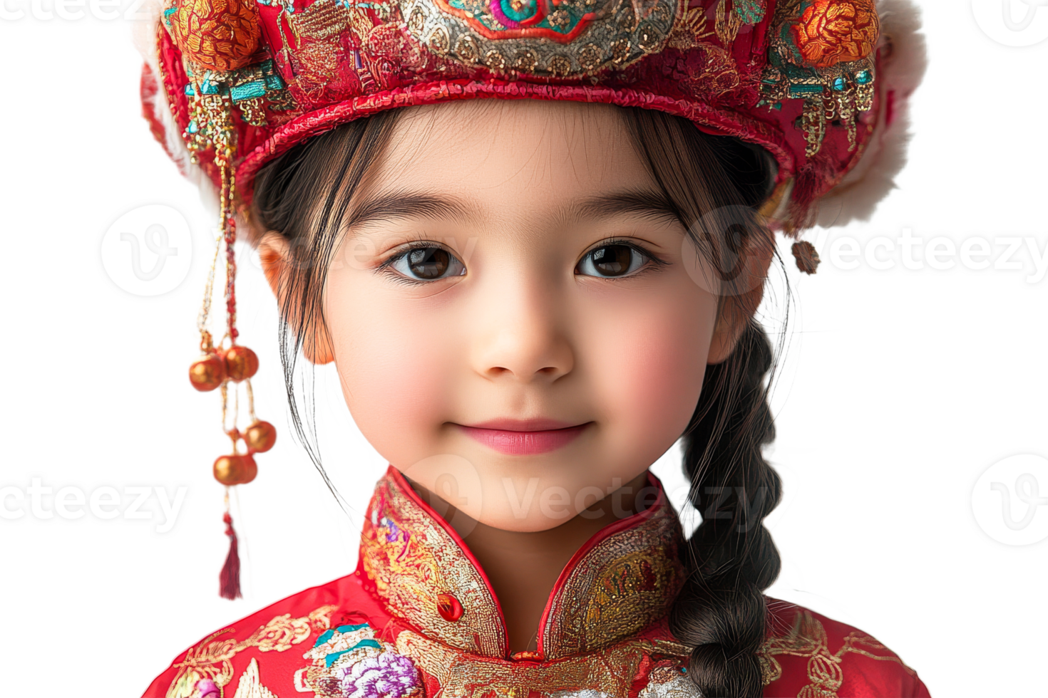 Young girl wearing traditional dress with ornate headpiece png