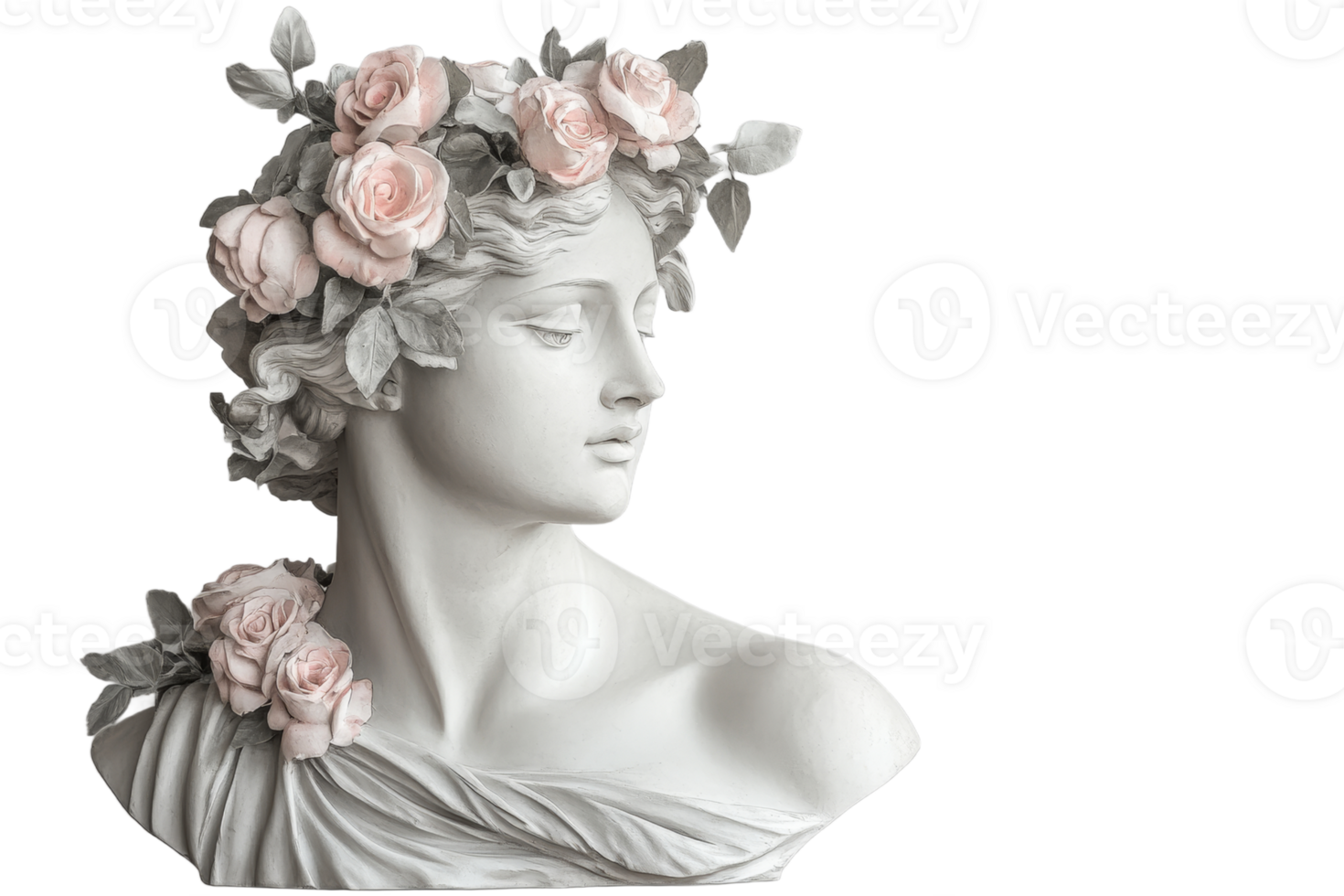 Elegant marble bust with floral decoration details png