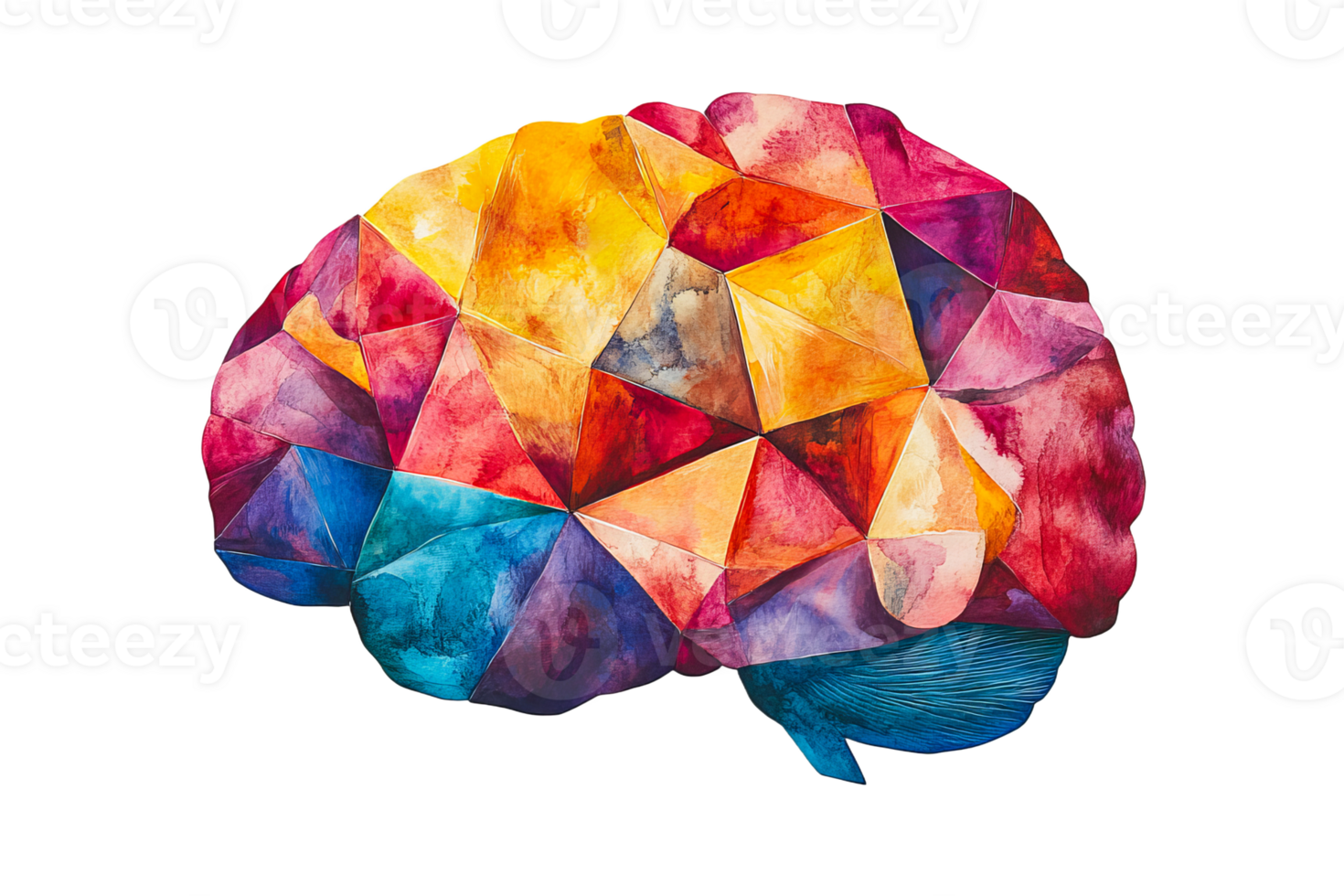 Vibrant geometric design of a brain with colorful facets png