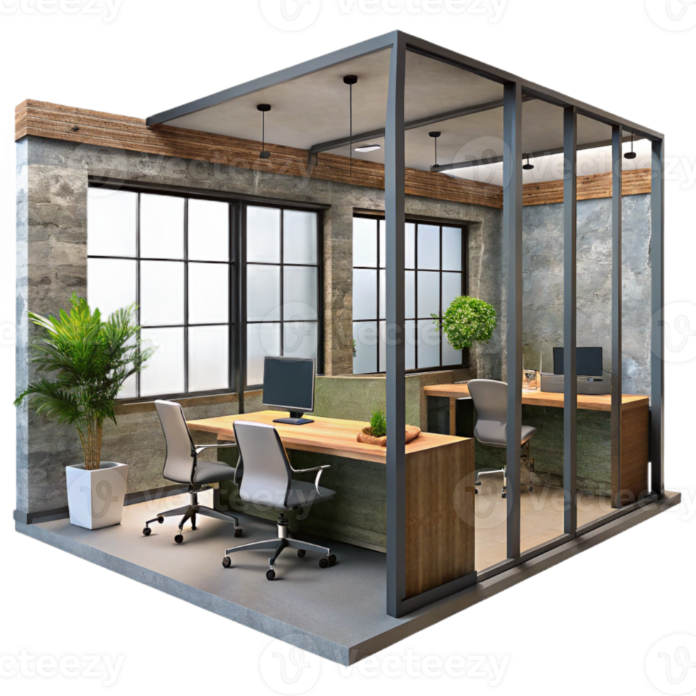 extraordinary contemporary Modern Office Interior with Plants Isolated authentic png