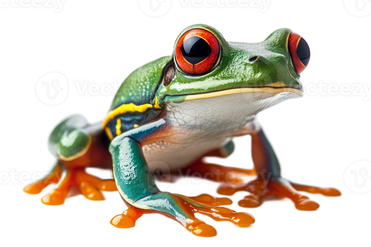 Colorful frog sitting on a wet surface under bright light png
