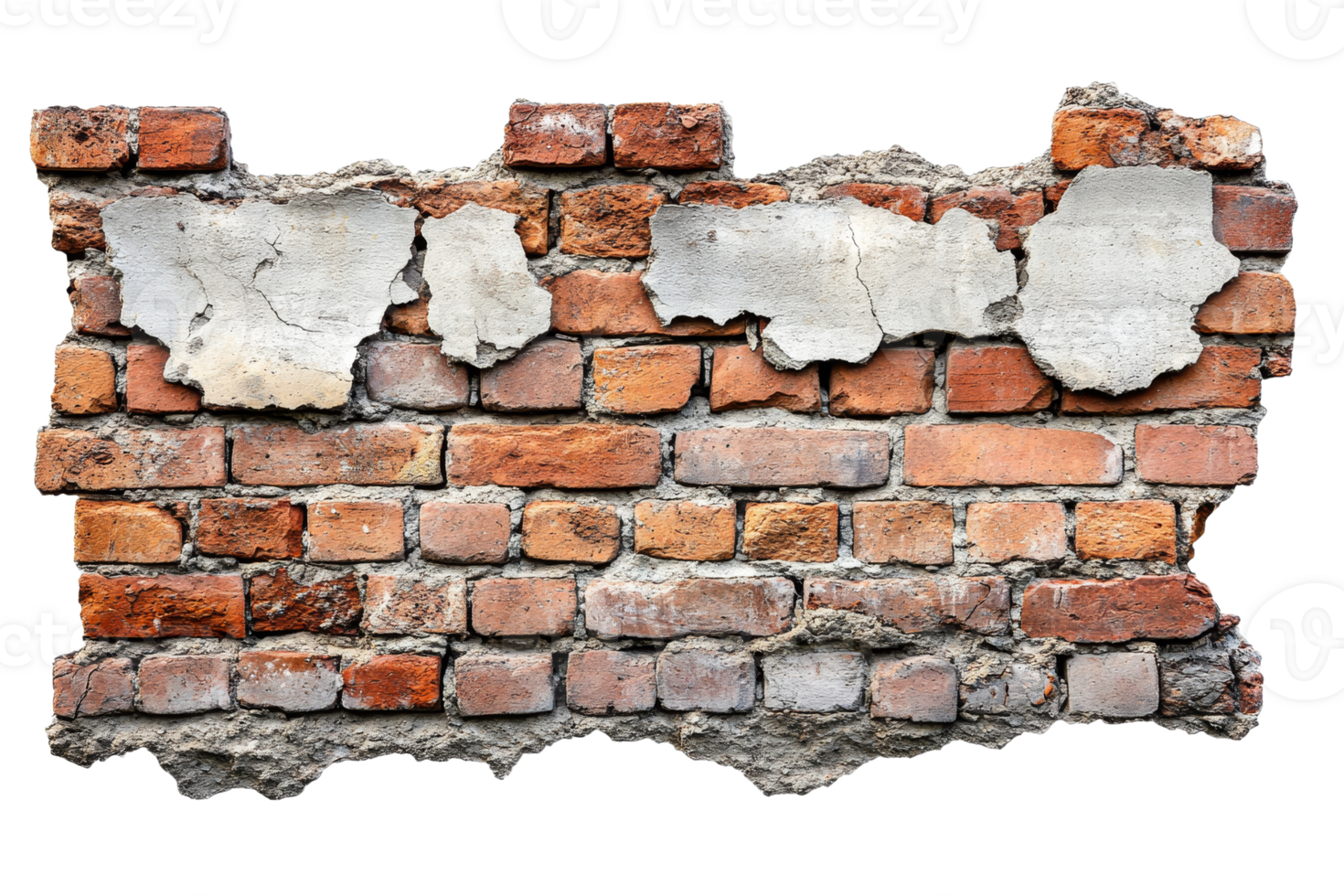 Rustic brick wall with peeling plaster in urban setting png