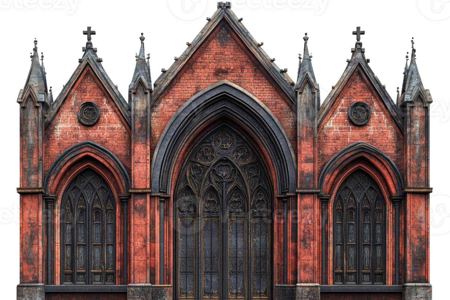 Gothic church facade with intricate details and sharp angles png