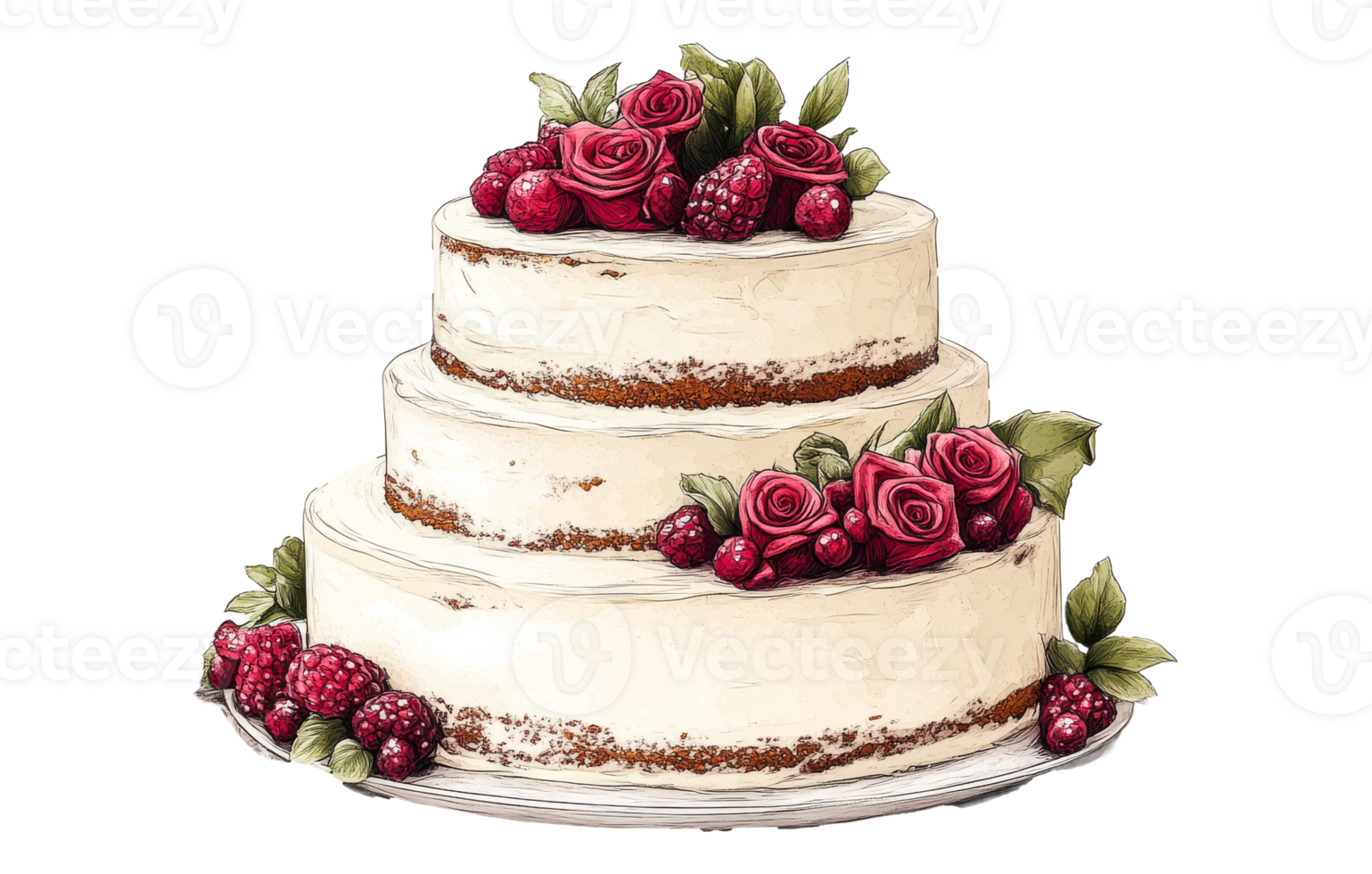 Elegant three tier cake decorated with flowers and berries png