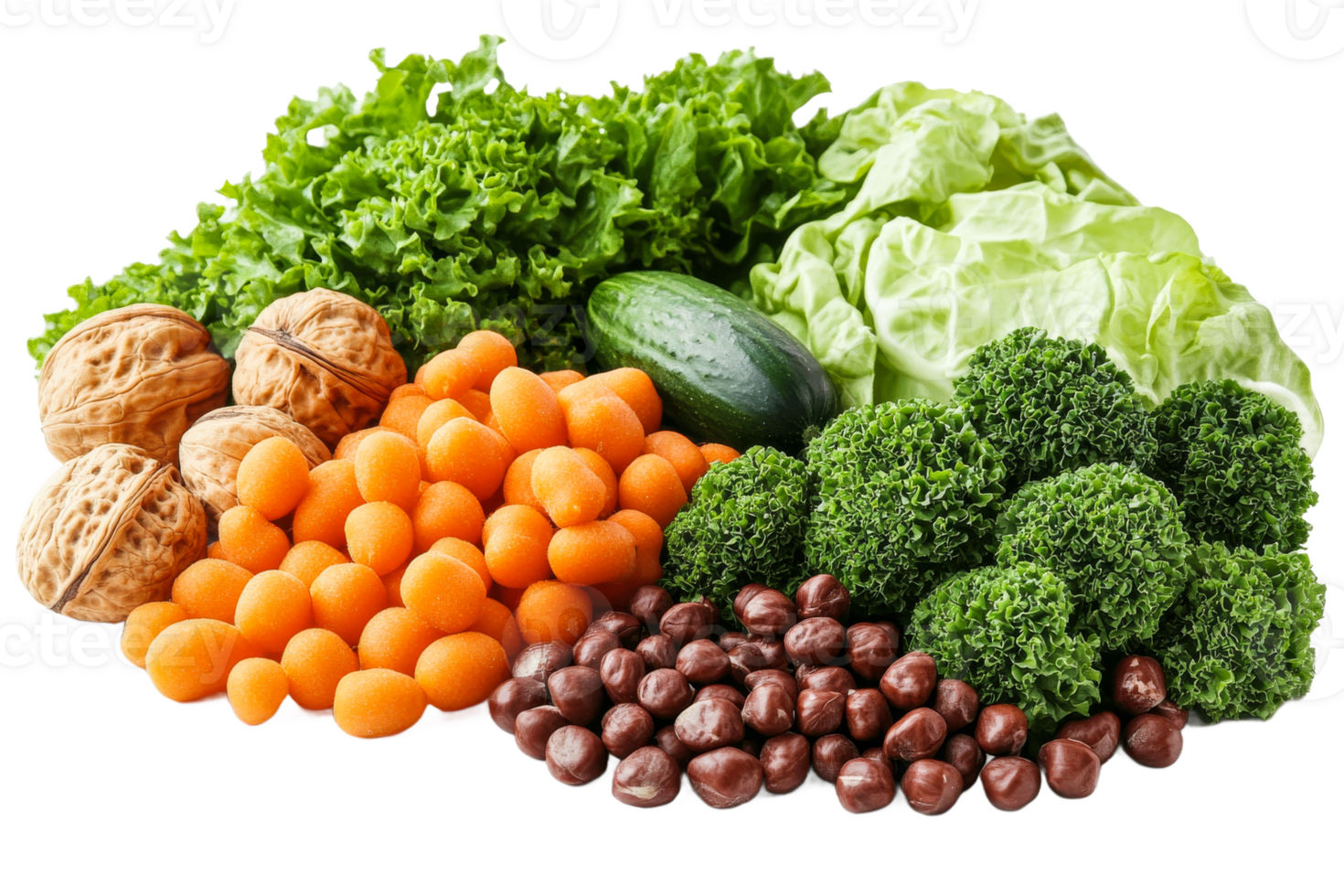 Fresh vegetable assortment with nuts and healthy snacks png