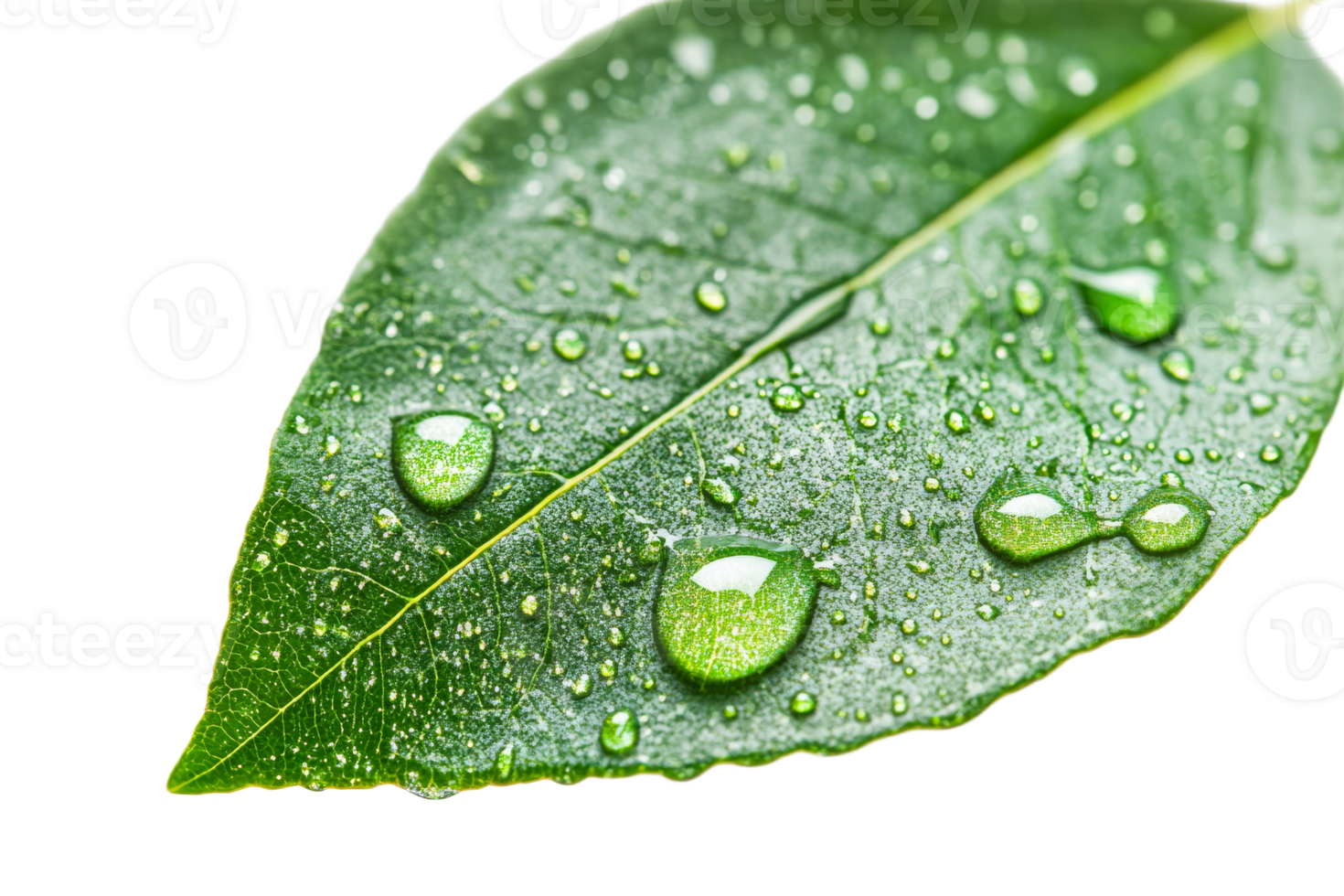 Water droplets on a green leaf with transparent background png
