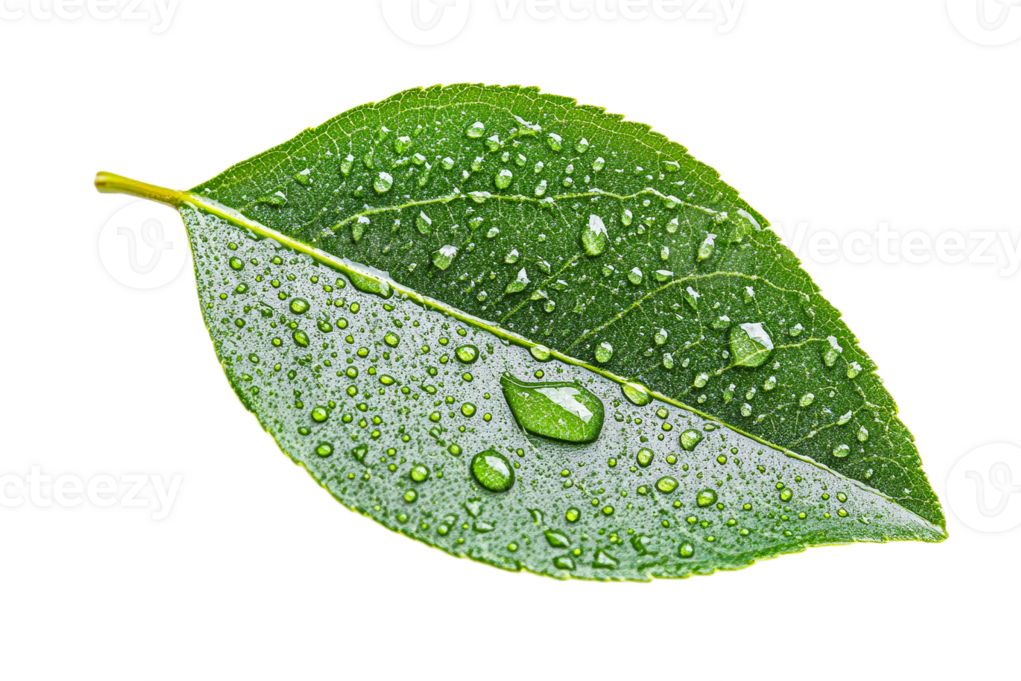 Fresh green leaf with droplets, cut out transparent png