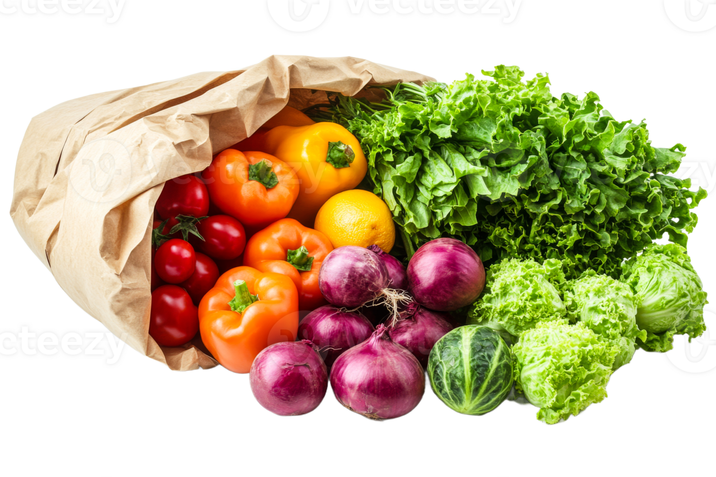 Fresh vegetables packed in a brown paper bag on display png