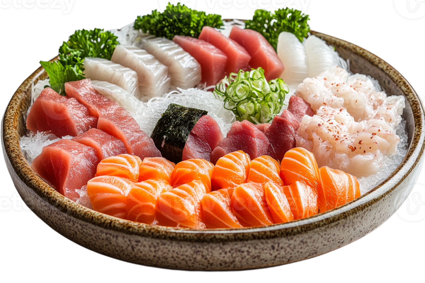 Fresh sushi platter with assorted fish and garnishes png