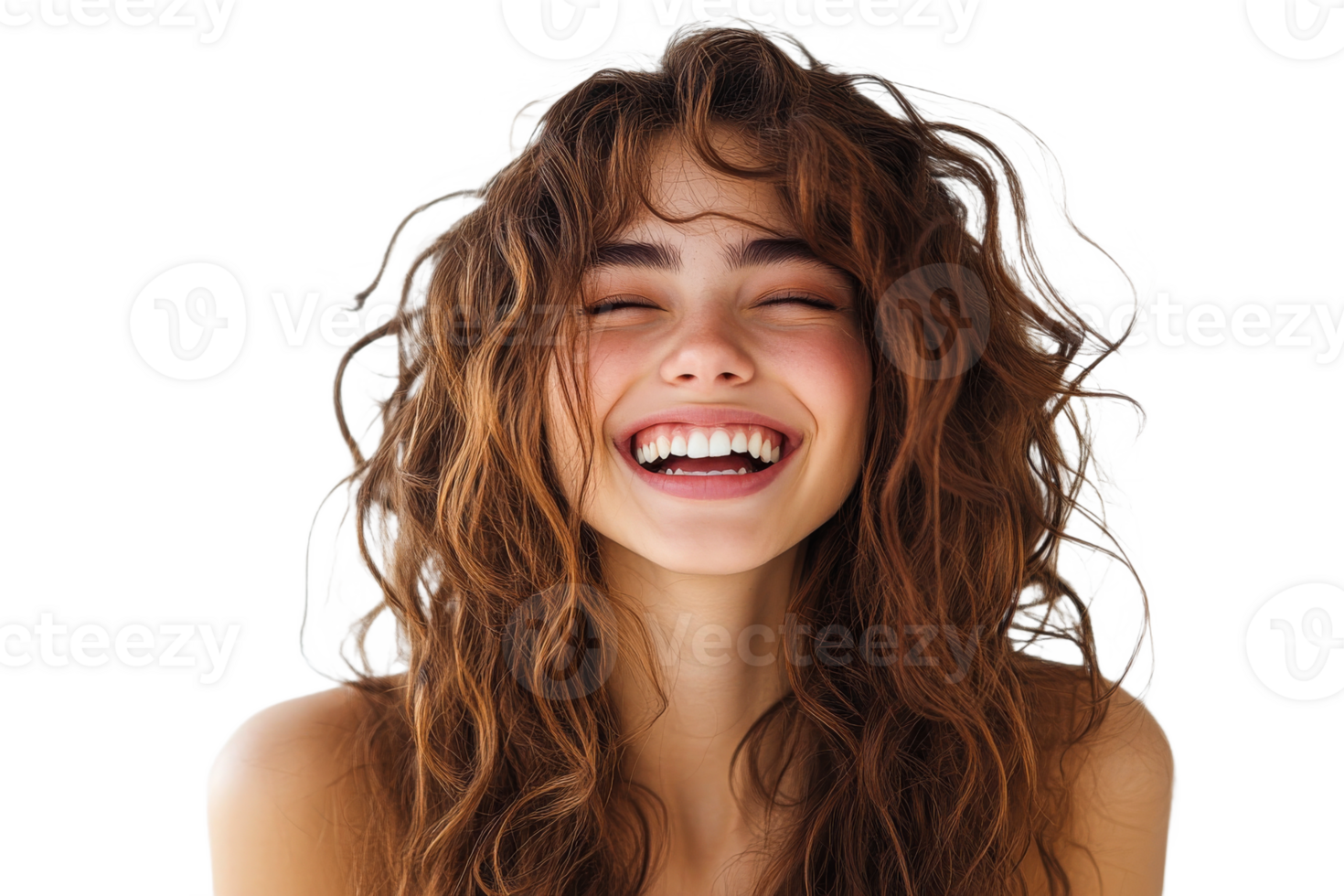 Smiling young woman with curly hair expressing joy png