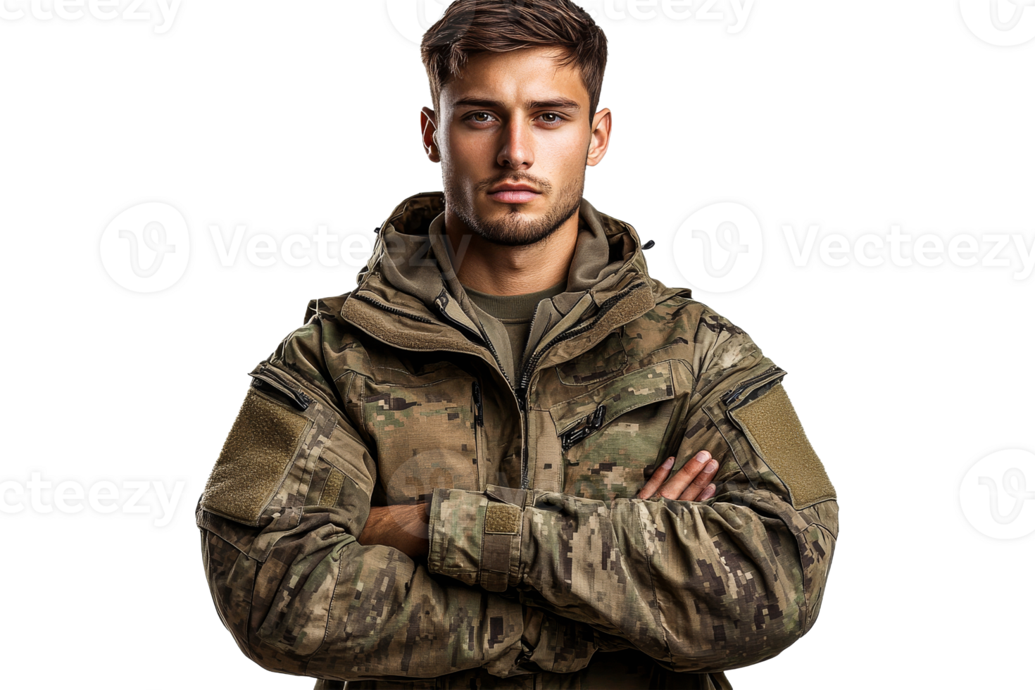 Military soldier in a camouflage uniform with crossed arms png