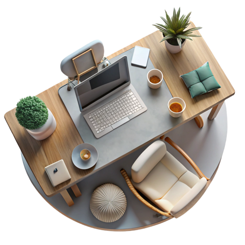 beautiful artistic Modern Workspace Setup Top View Transparent Background authentic png