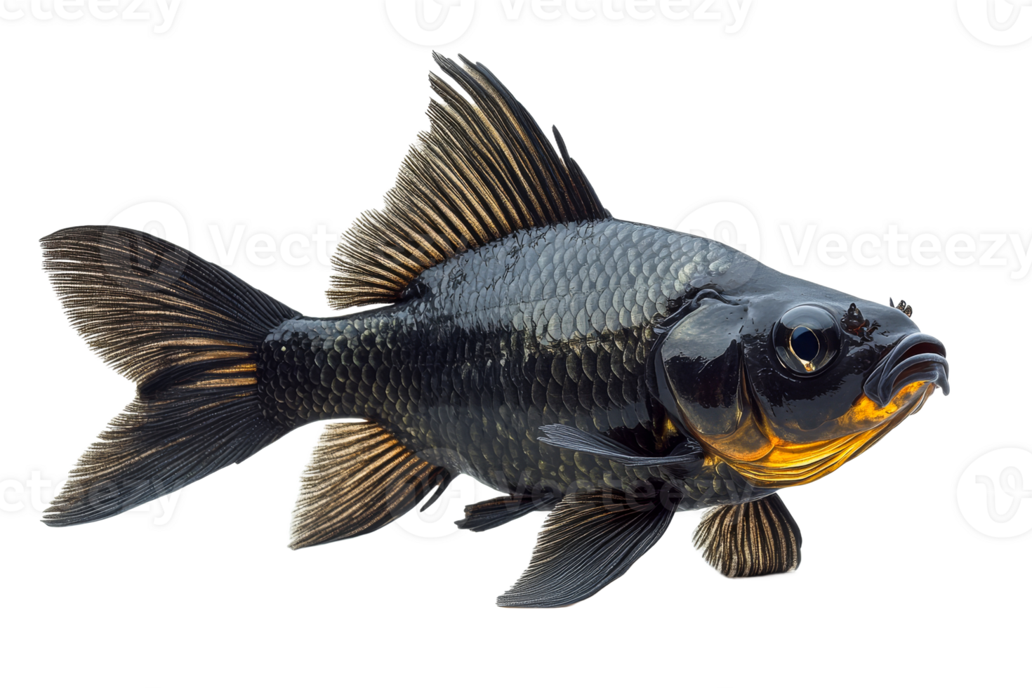 Black goldfish swimming gracefully in clear water, cut out transparent png