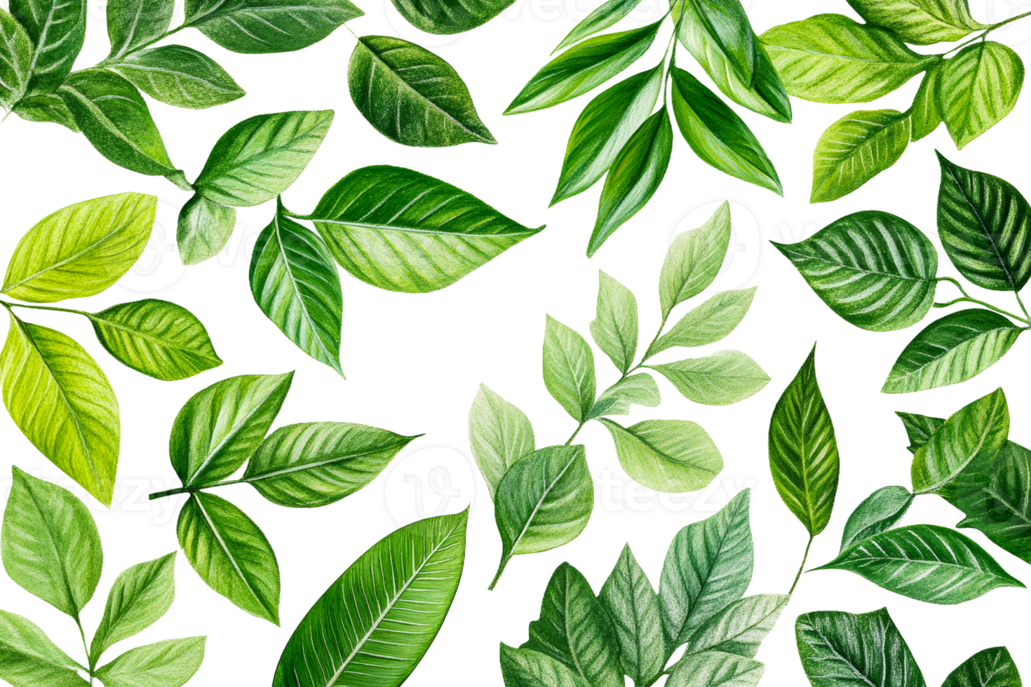 Various green leaves arranged on transparent background png