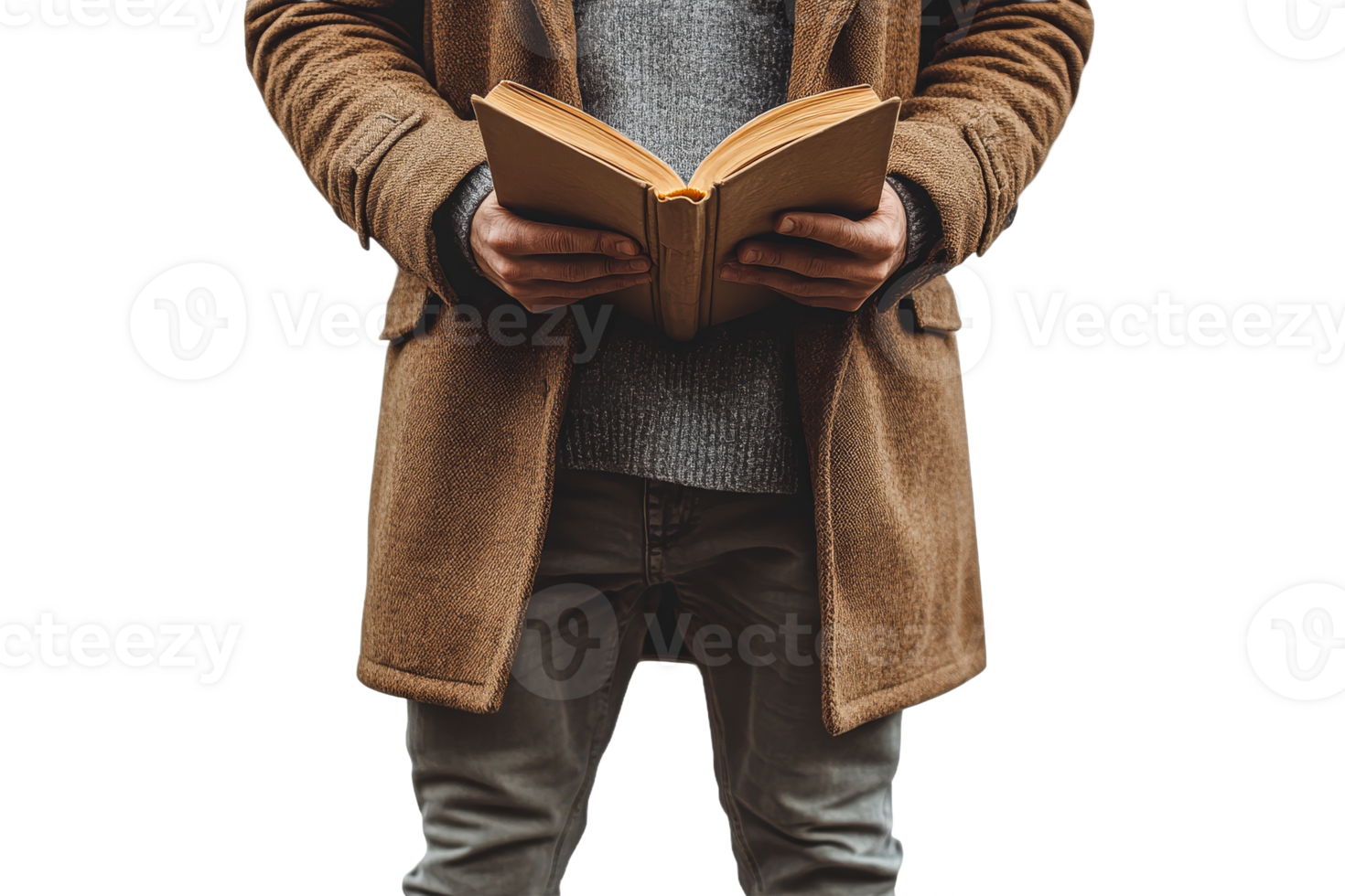 Man reading a book while wearing a cozy coat png