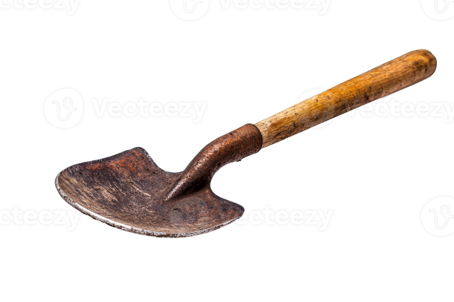 Old garden tool with wooden handle, on clear bg png