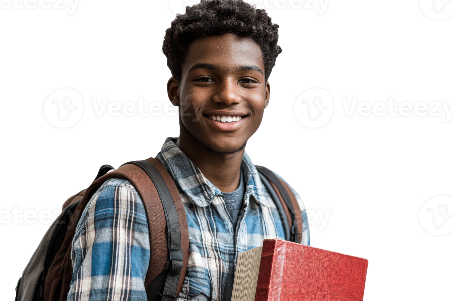 Smiling student holding a book and wearing a backpack png