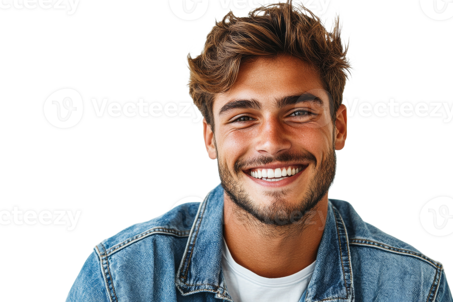 Cheerful young man in denim jacket with friendly smile png