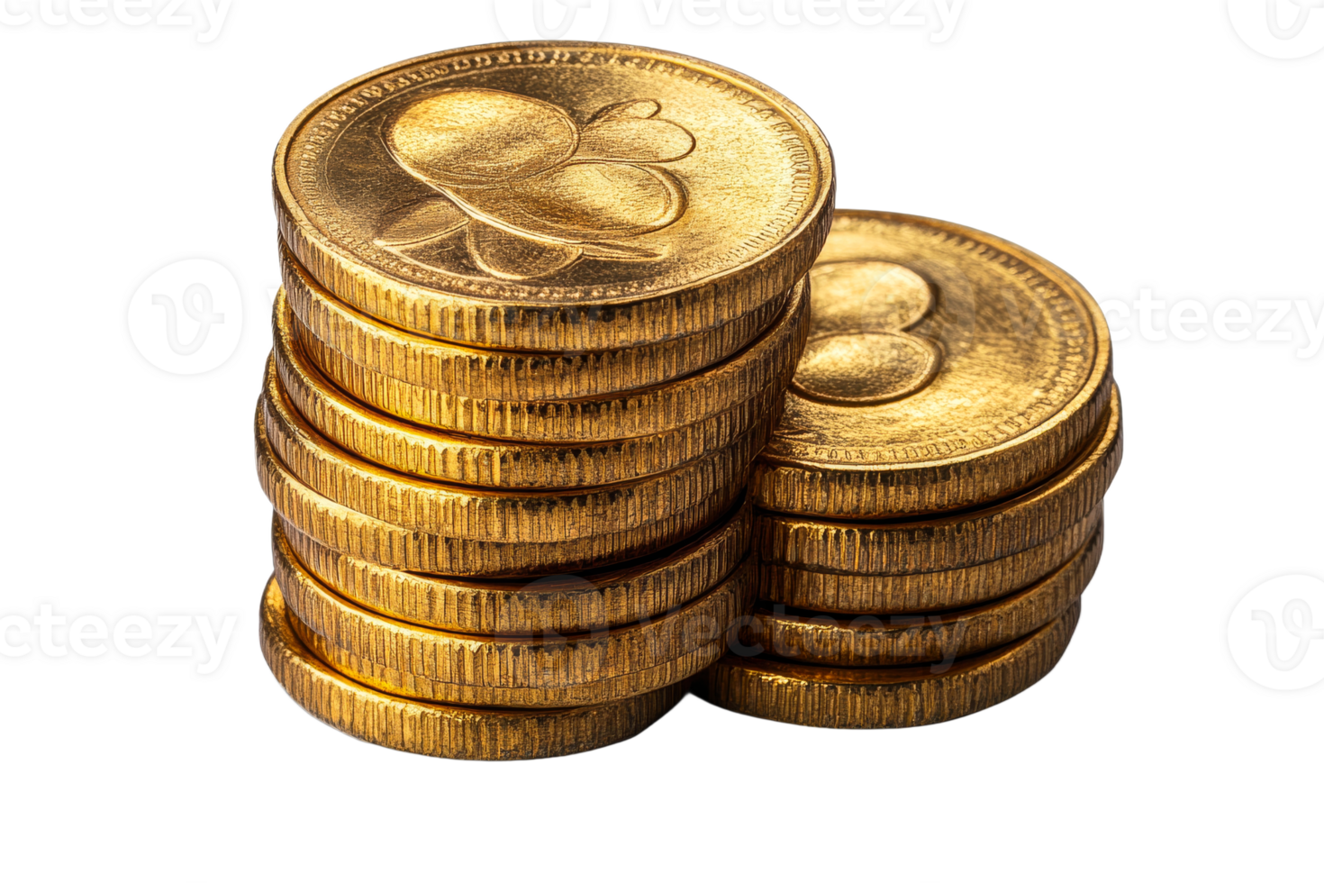Stacked gold coins with detailed engravings png