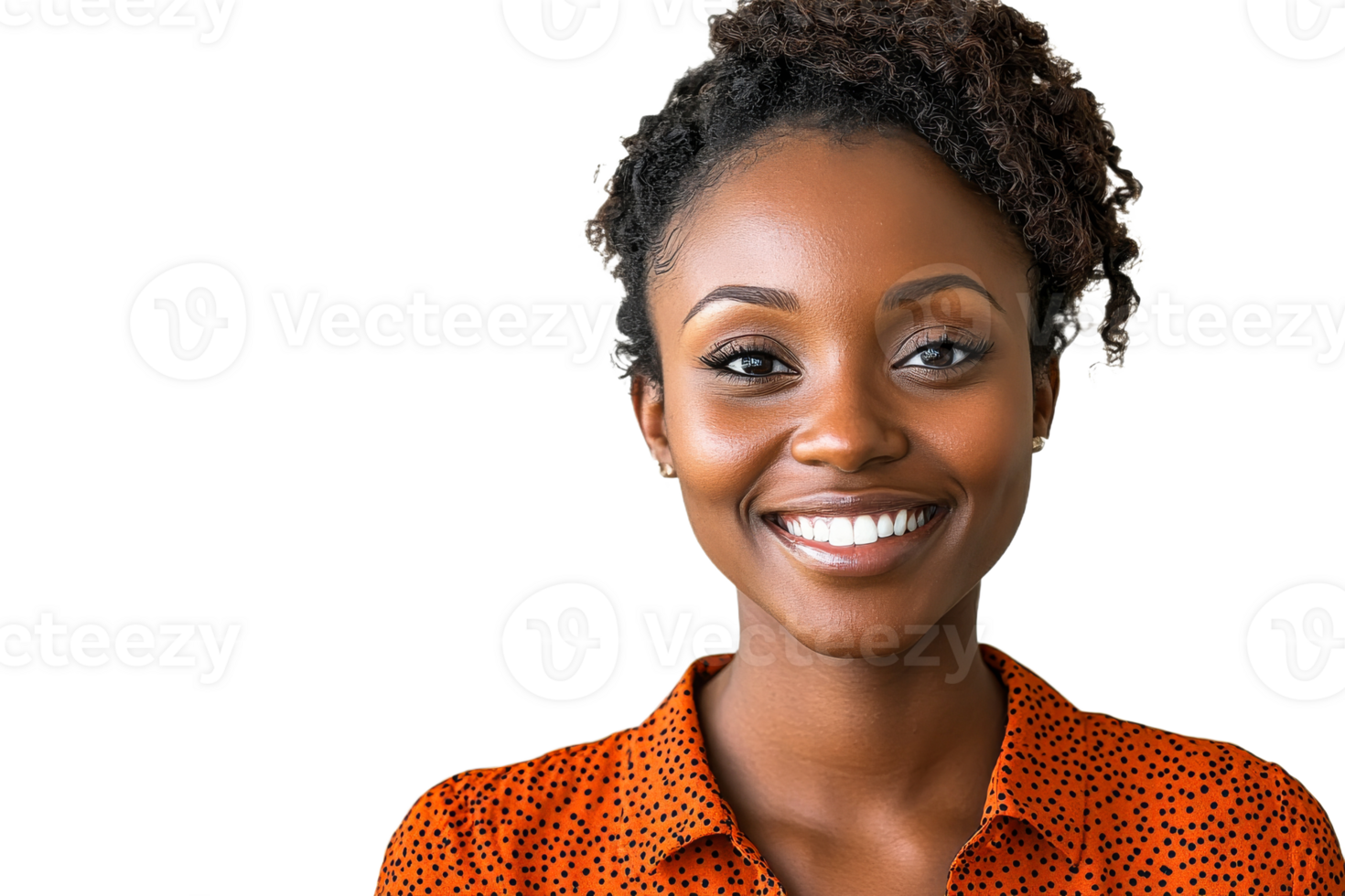 Smiling woman with curly hair in a bright blouse png