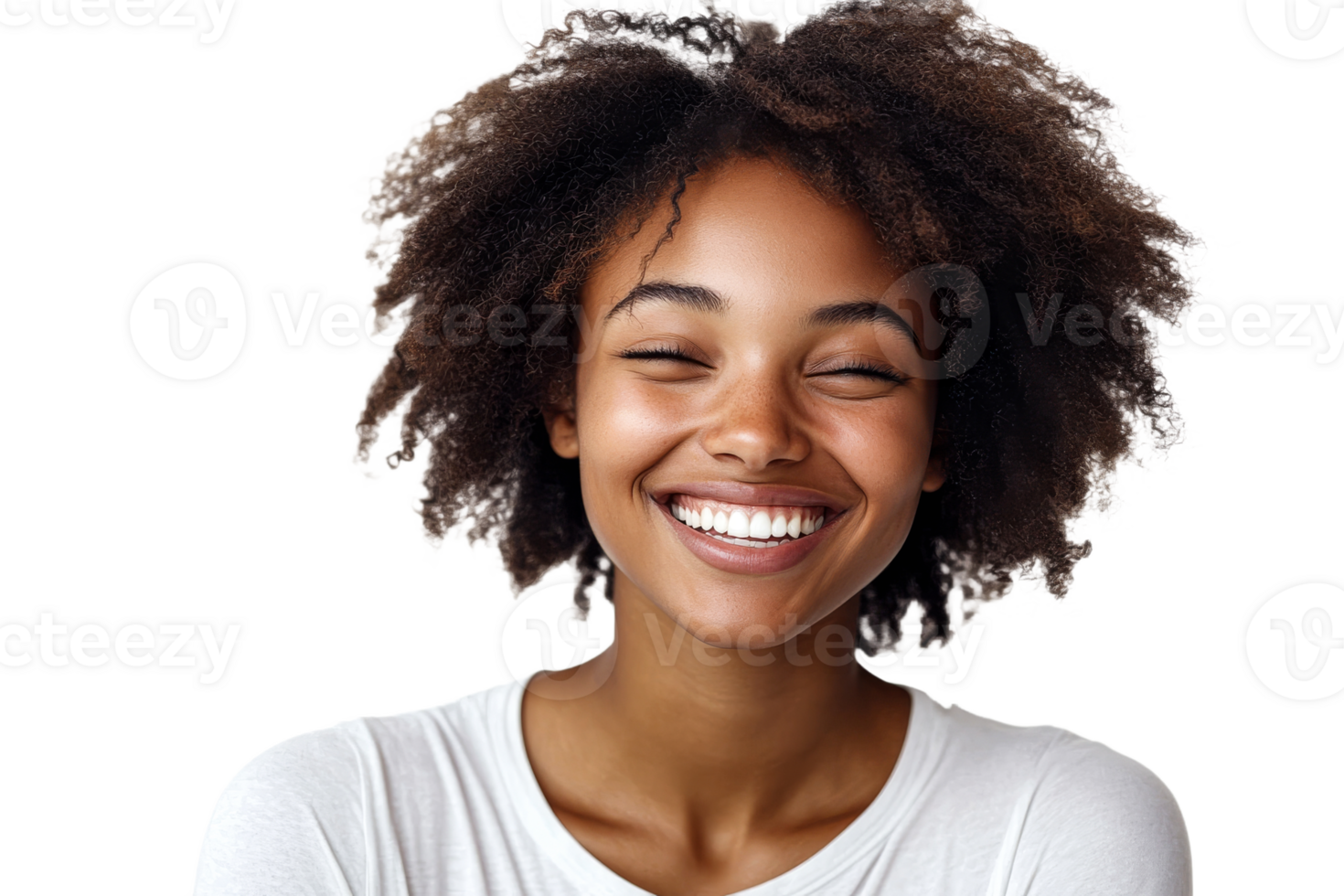 Smiling woman with curly hair on a transparent background png