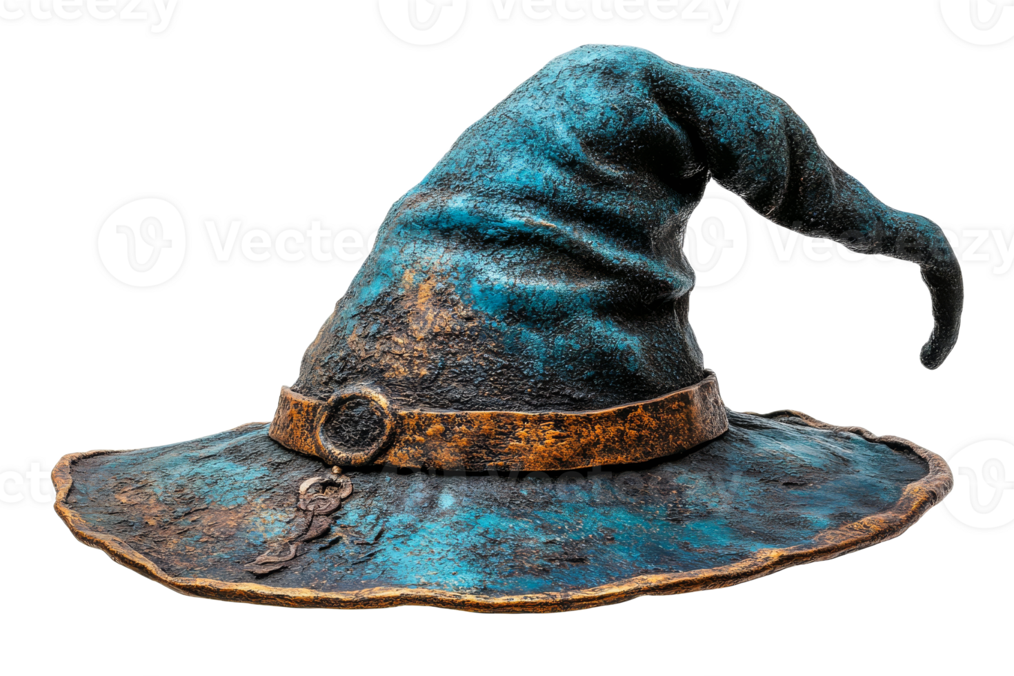 Unique blue wizard hat with weathered details and strap png