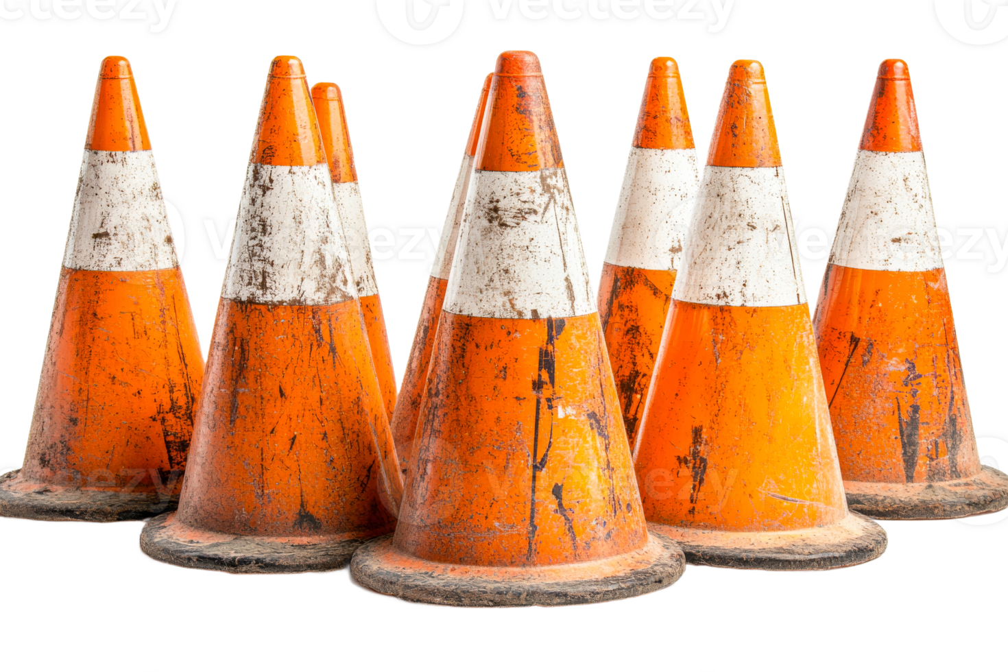 Traffic cones arranged in a circle with worn surfaces png