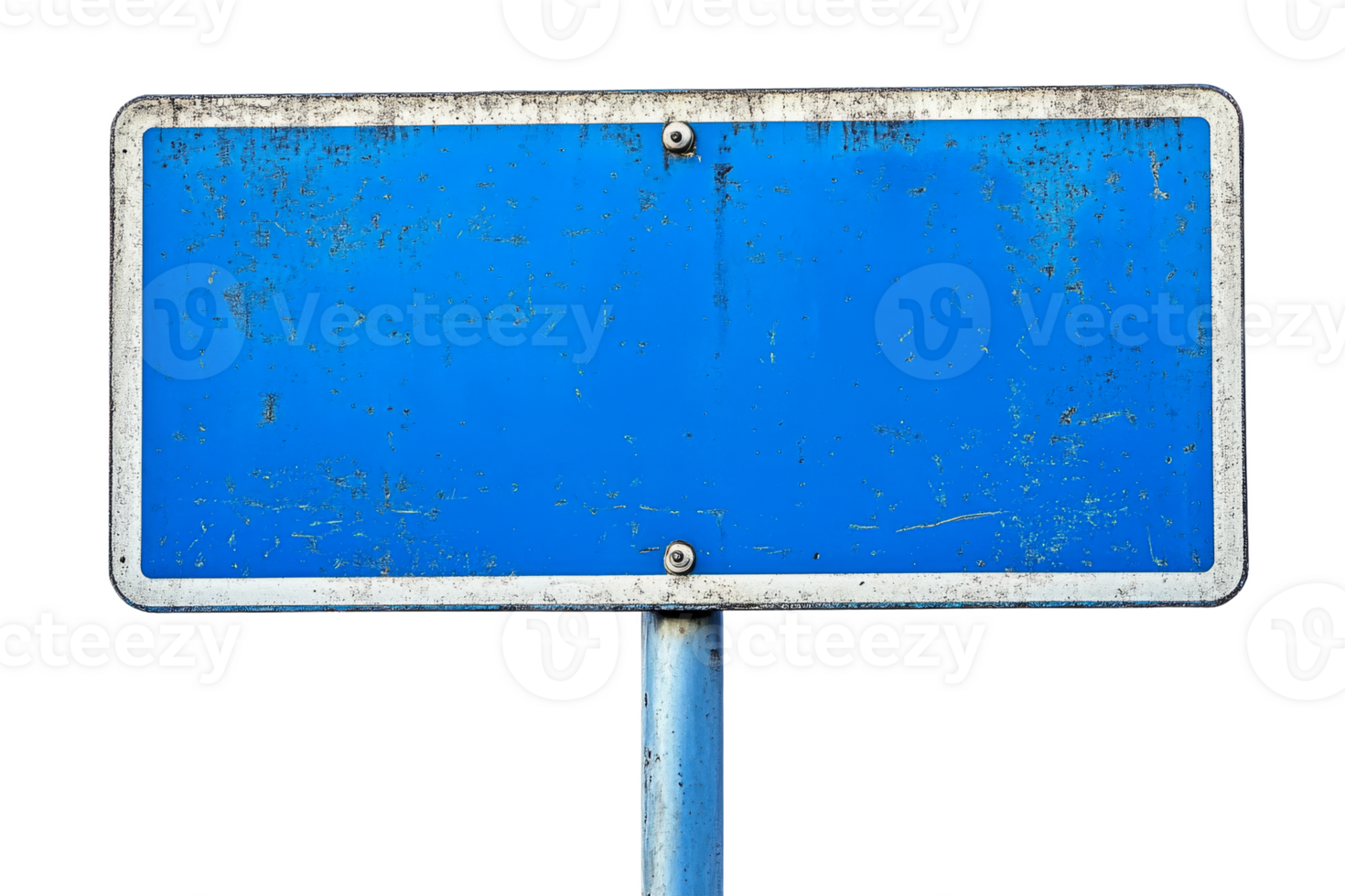 Blank blue road sign on a pole with weathered appearance png