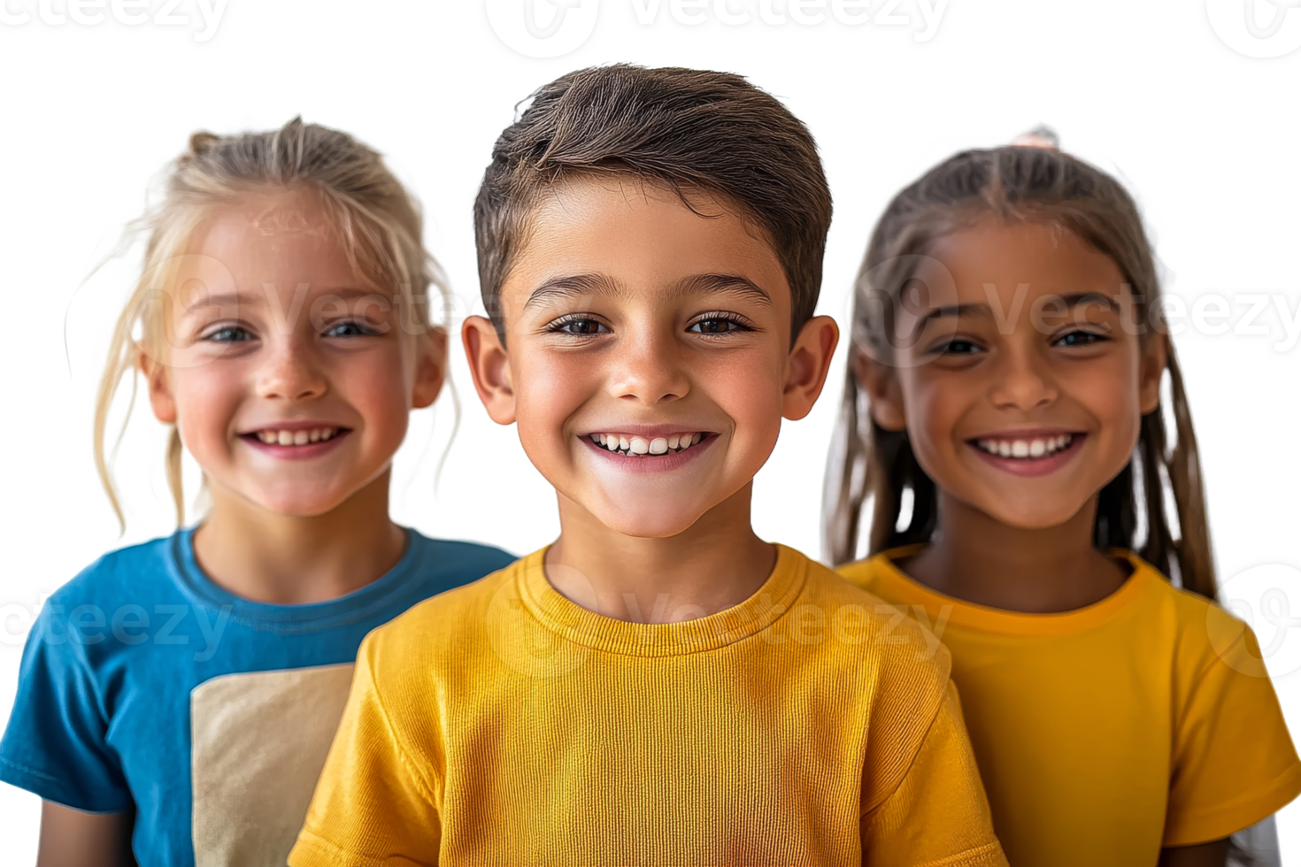 Three joyful children are standing together, smiling widely png