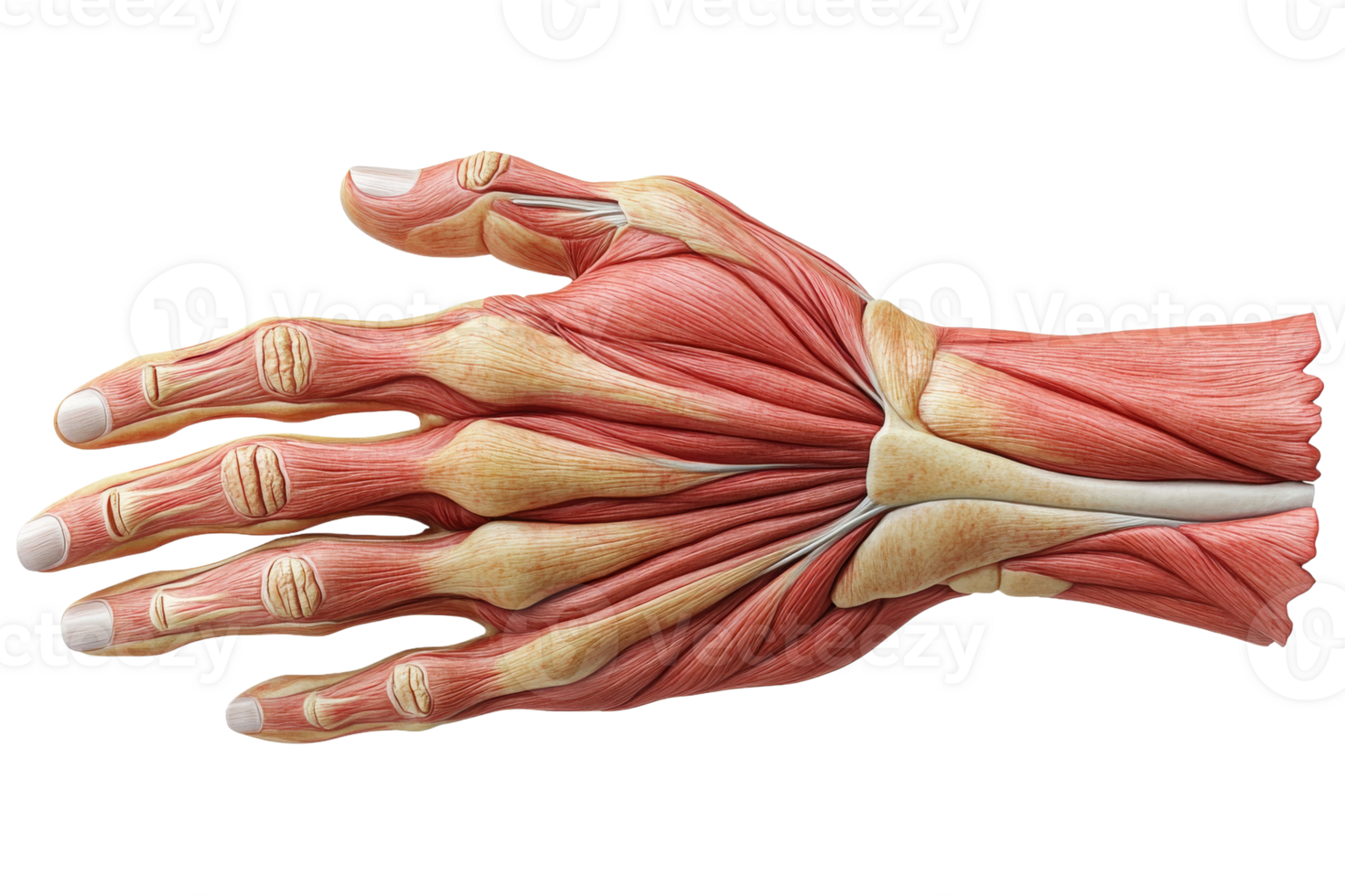 Detailed view of human hand muscular structure png