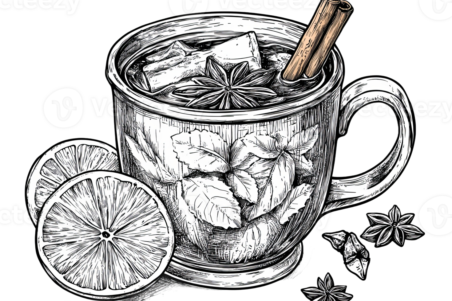 Refreshing herbal tea with citrus and spices in a cup png