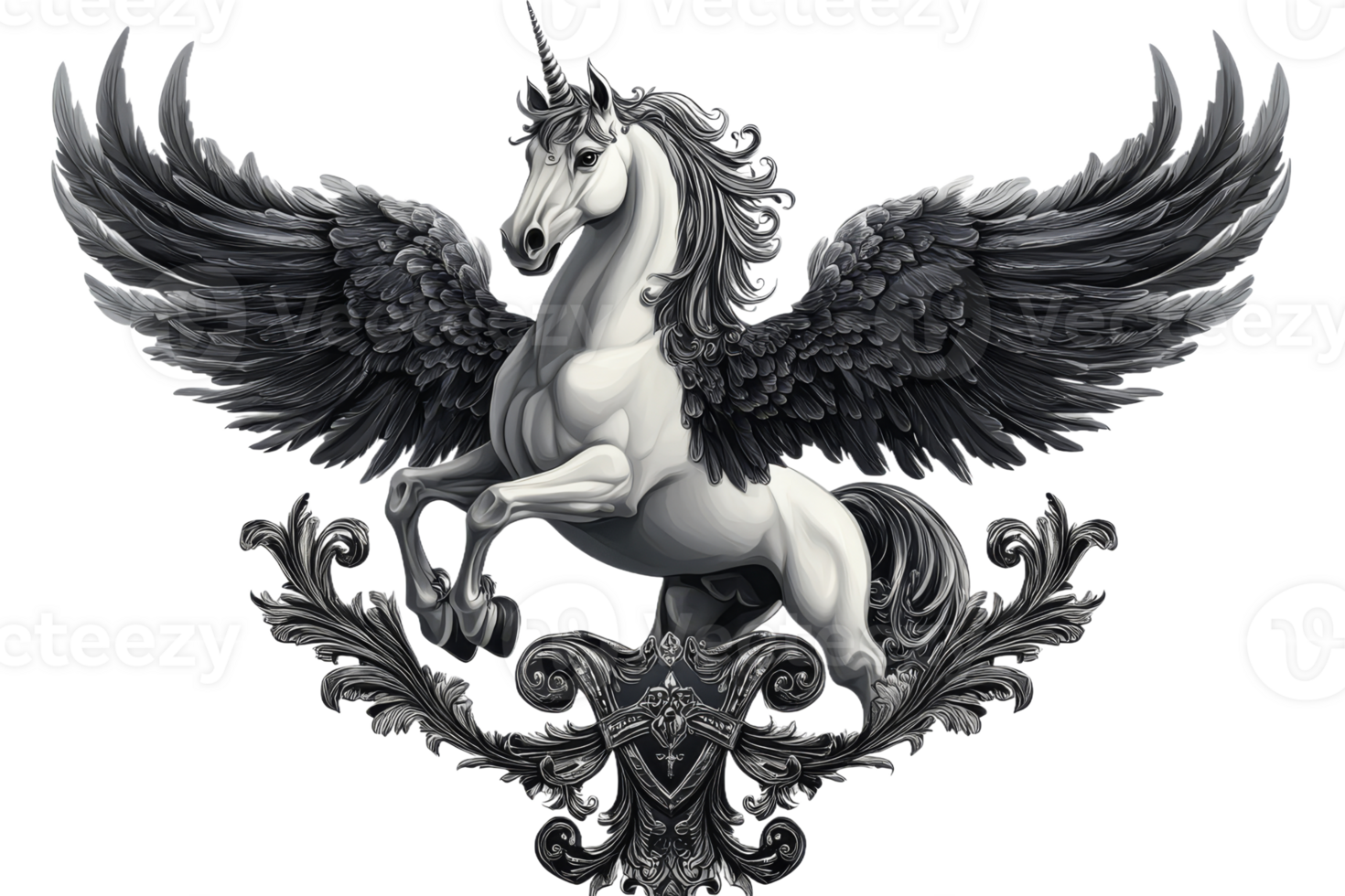 Majestic winged unicorn with black wings and ornate shield png