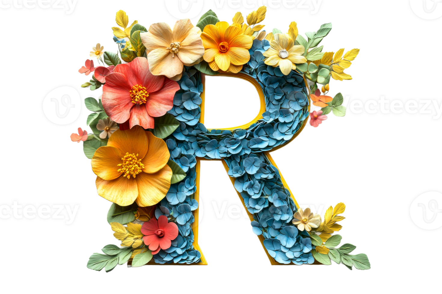 Colorful floral letter R design with vibrant blooms png