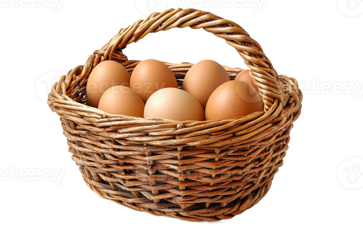 Fresh brown eggs in a wicker basket on display png