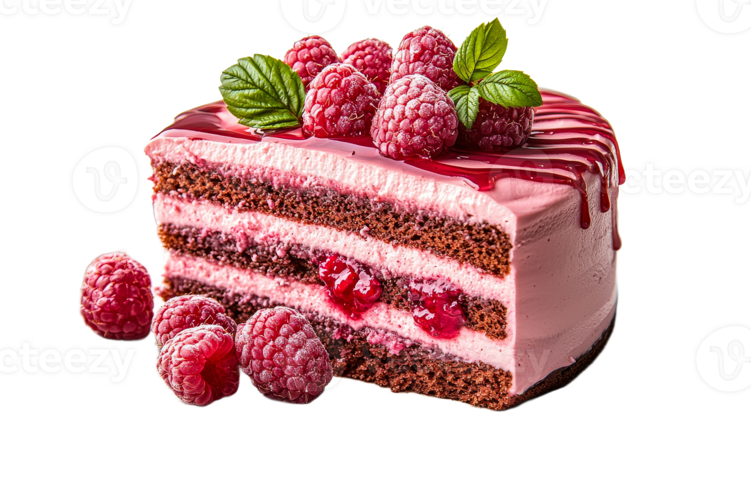 Sliced raspberry chocolate cake with fresh berries png
