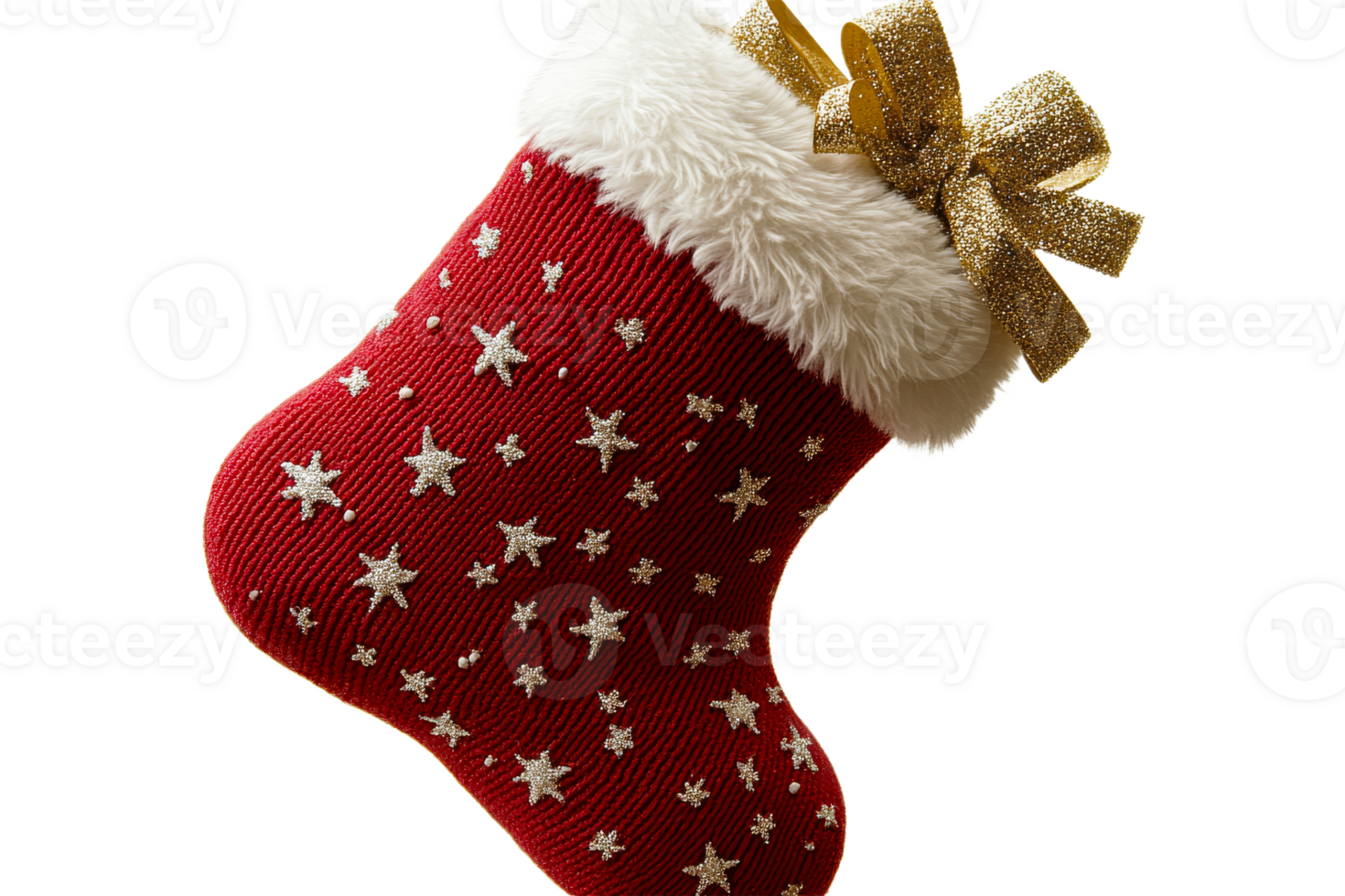 Festive red Christmas stocking with glitter and fur trim png