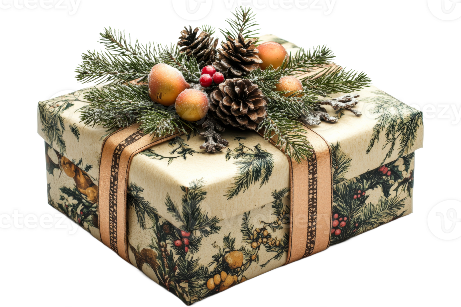 Decorative gift box with festive ornaments and greenery png