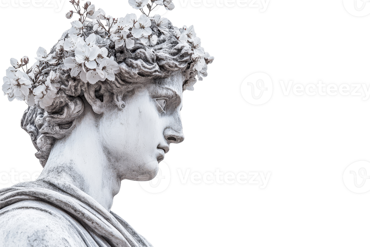 Marble statue adorned with flowers against a clear backdrop png