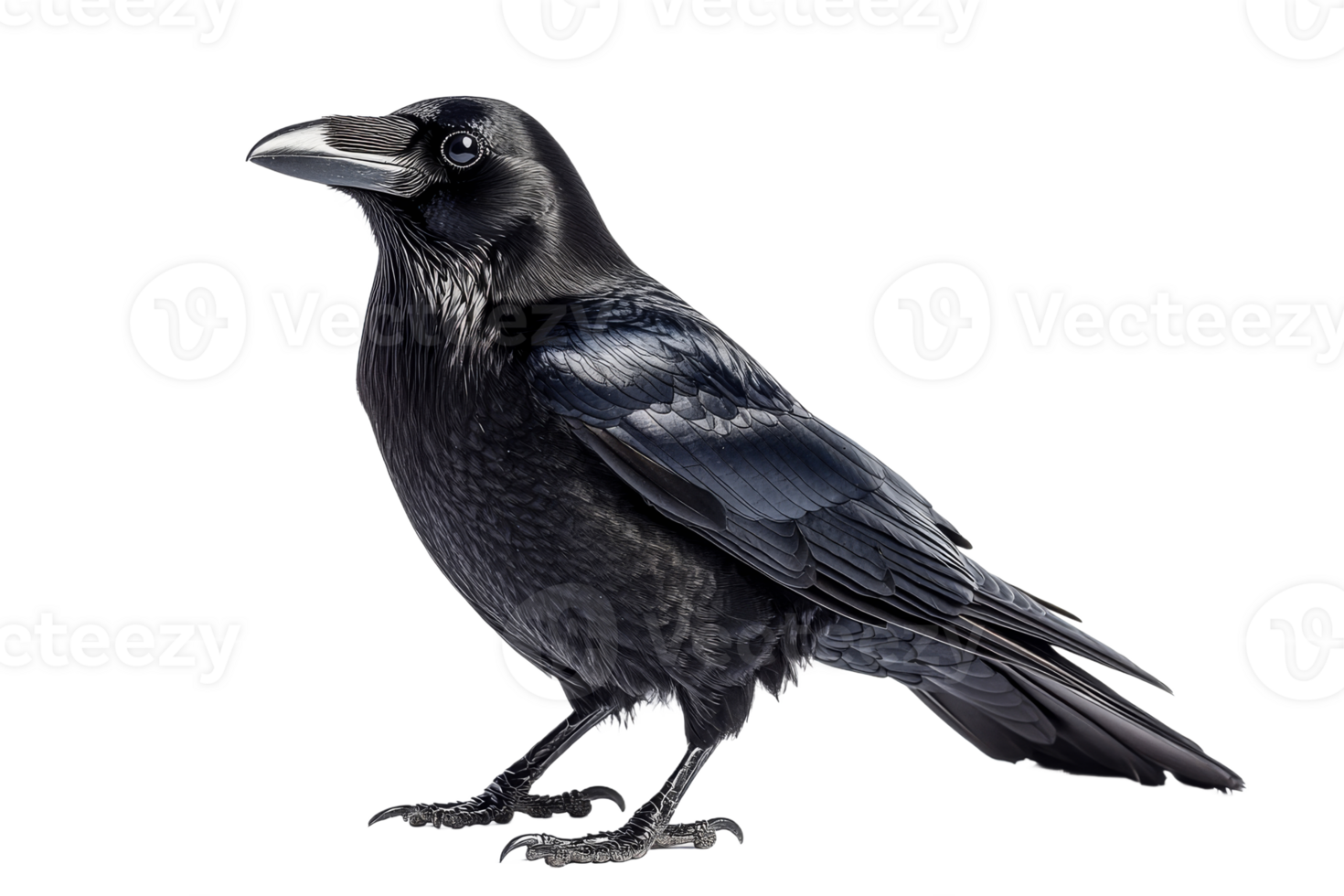 Detailed depiction of a black raven with glossy feathers png