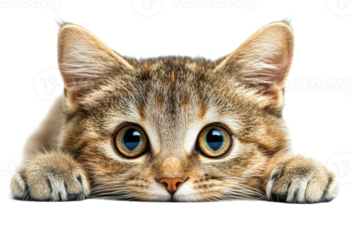 Cute tabby cat laying flat with big expressive eyes png