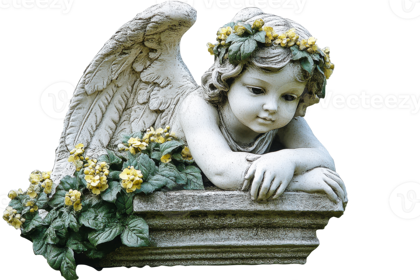 Angel statue with flowers resting on a stone ledge png