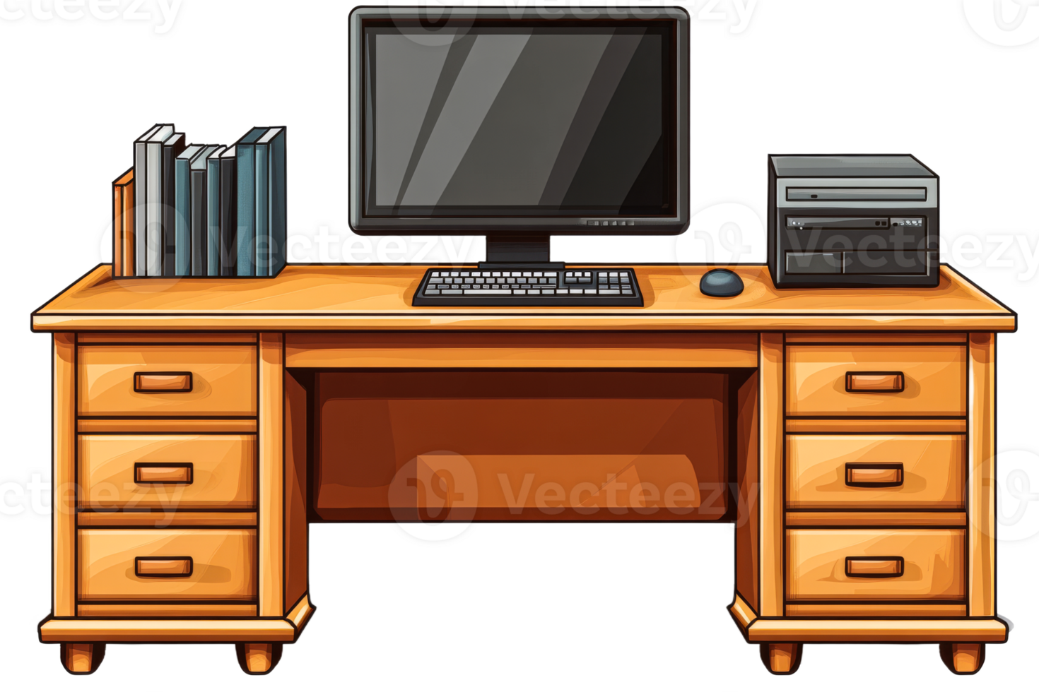 Desk with computer and books for a home office setup png
