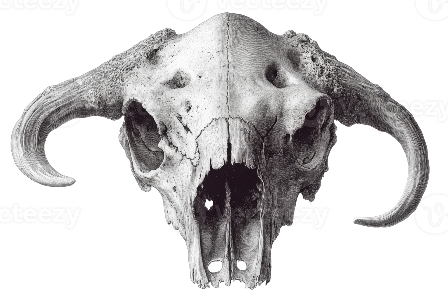 Detailed view of a buffalo skull with distinct features png