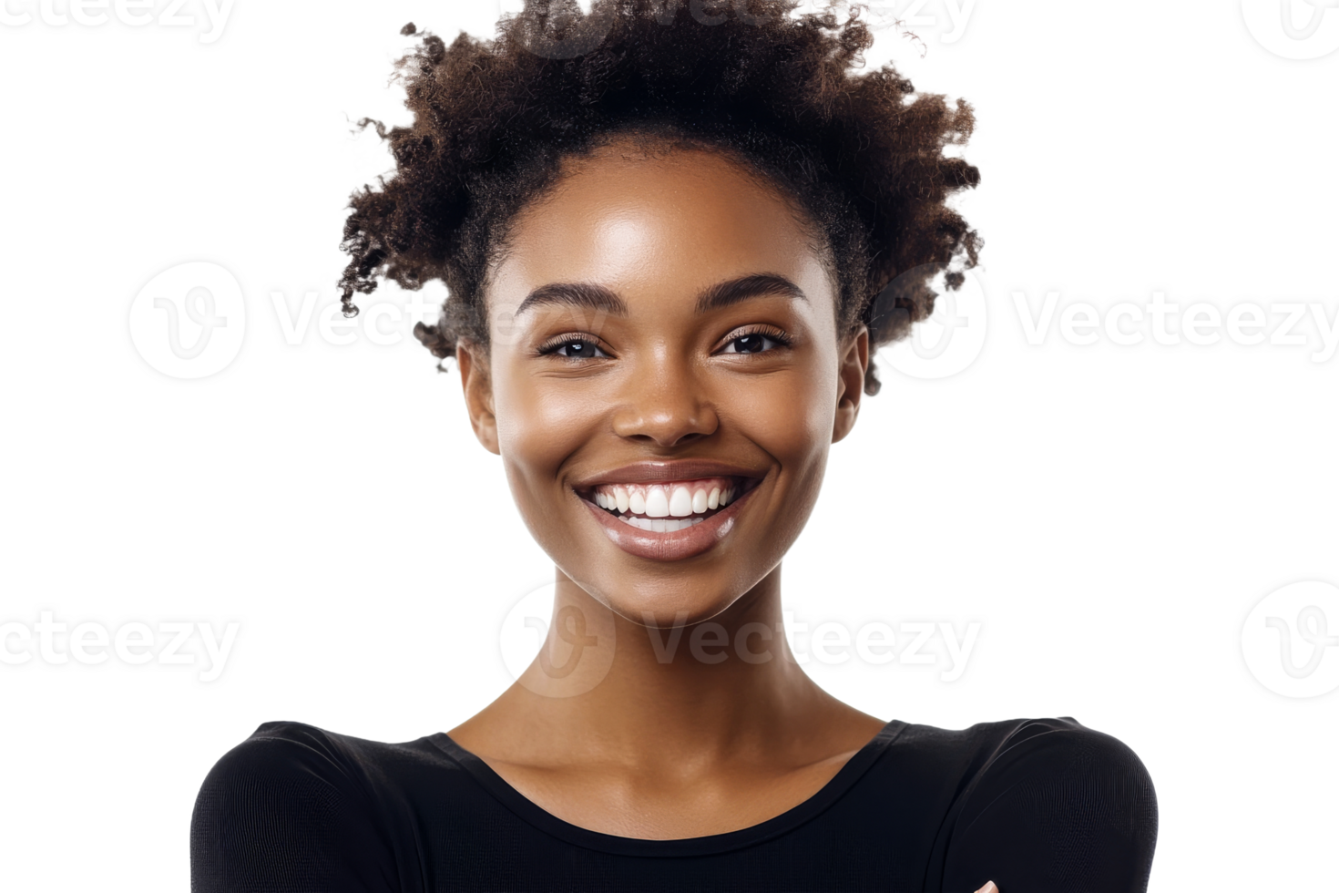 Smiling young woman with curly hair showing joy png