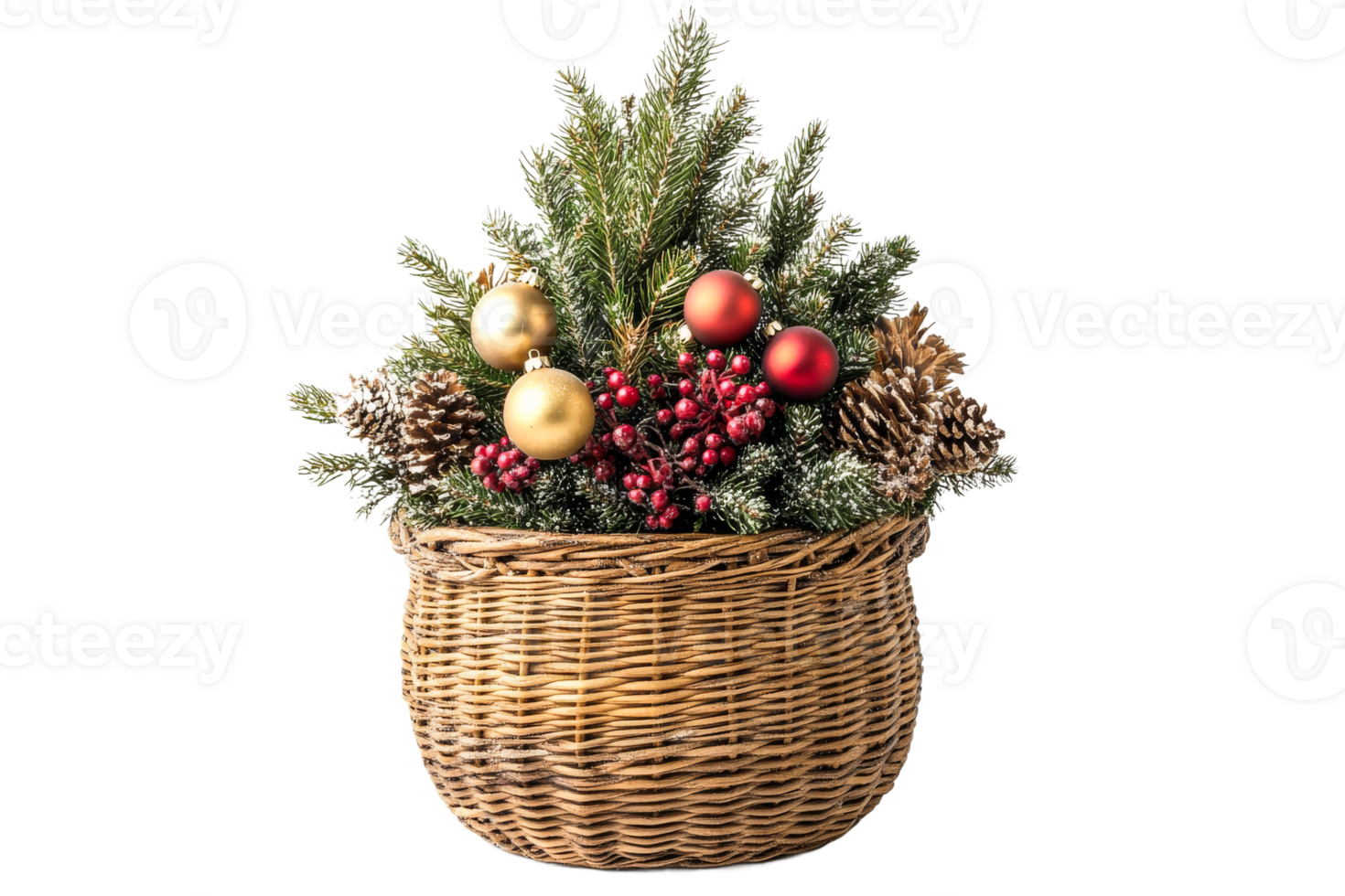 Festive basket filled with holiday decorations and greenery png